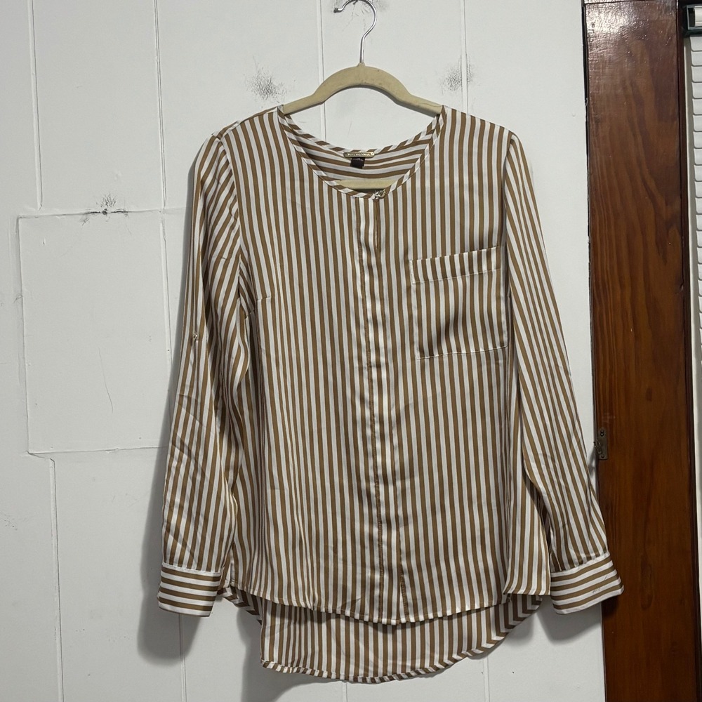 Dana Buchman Tan White Striped‎ Long Sleeve Satin Blouse Top Size 10